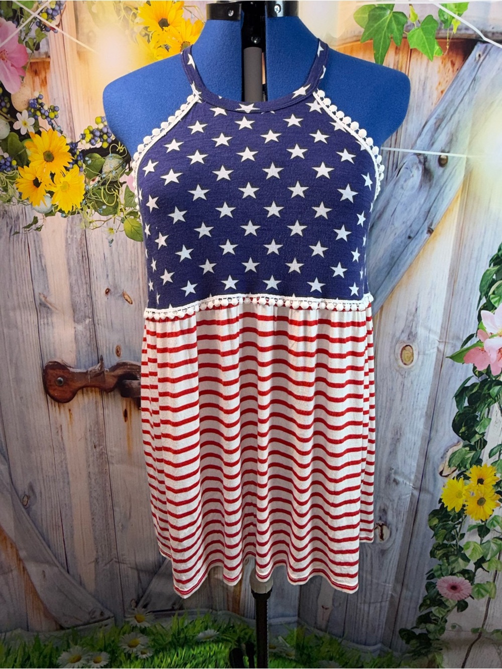 794-7th Ray Navy Blue White Red Stars & Stripes Halter Tank Dress